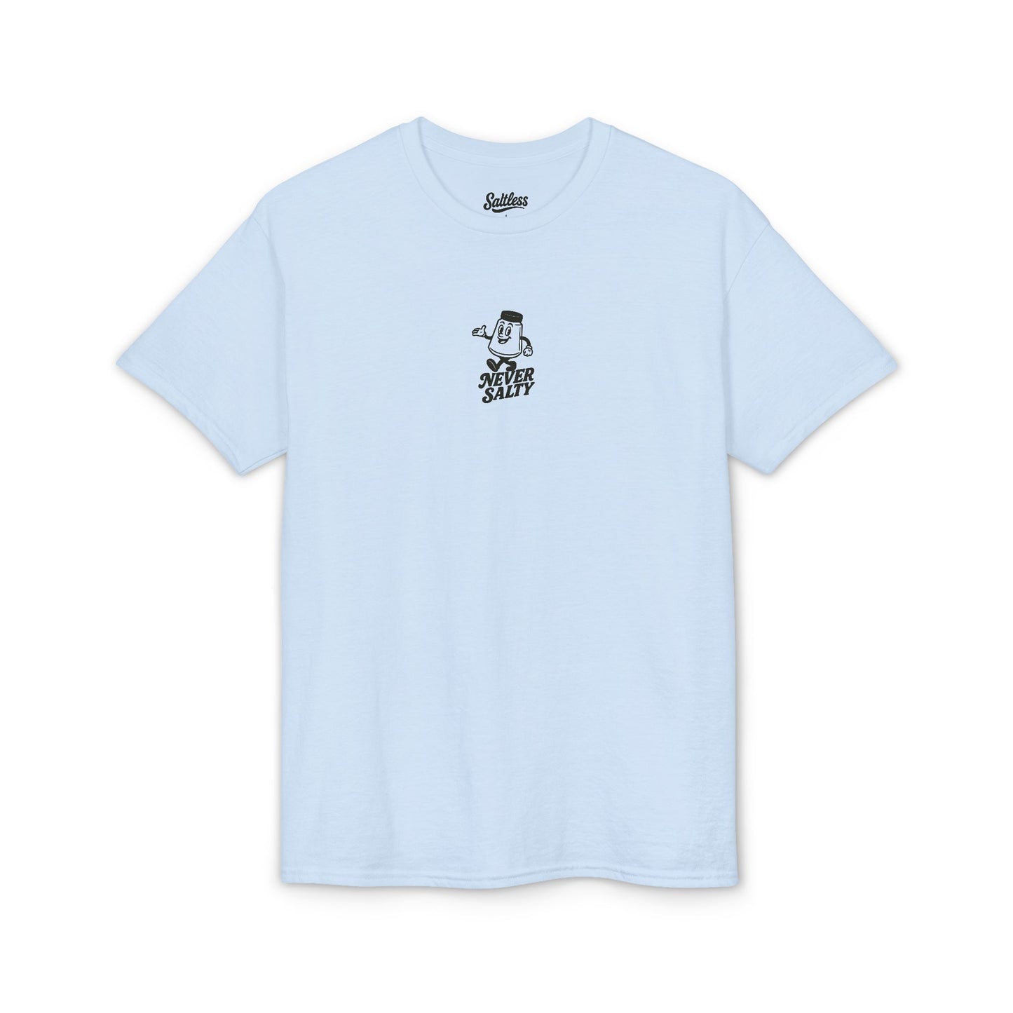 Light blue t-shirt with a small logo on a white background