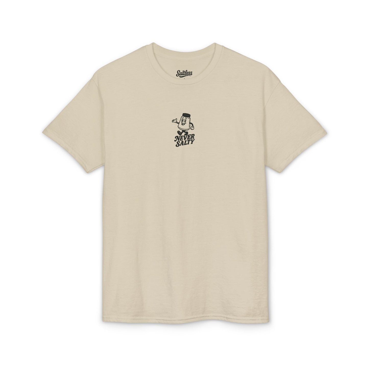 Beige t-shirt with a logo on the chest against a white background
