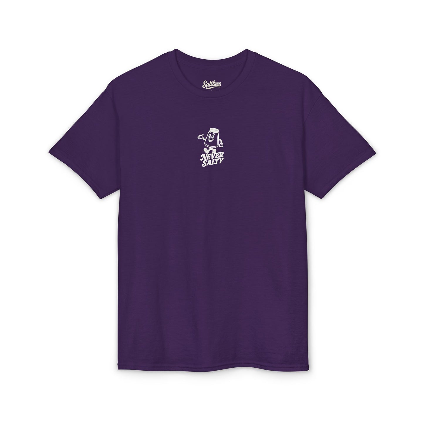 Purple t-shirt with a small white logo on a white background