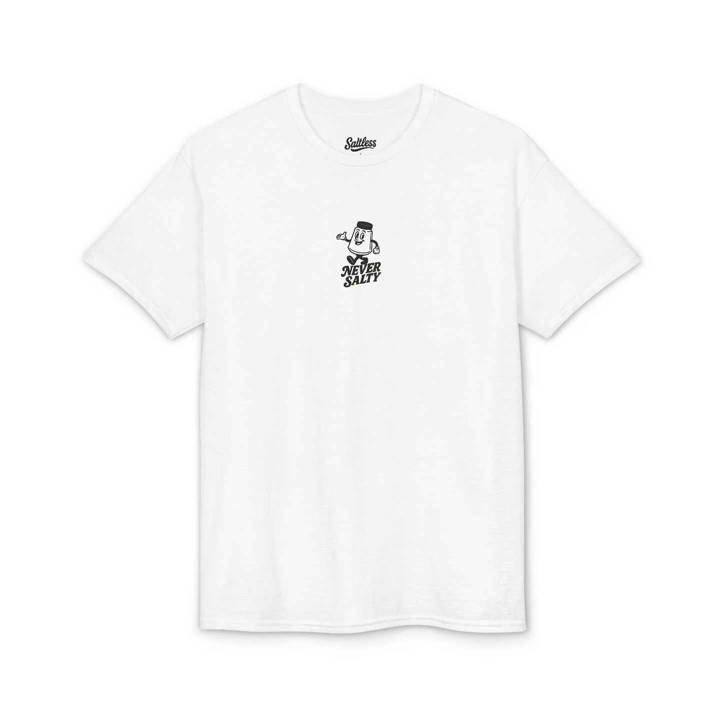 White t-shirt with a black graphic and text on a white background