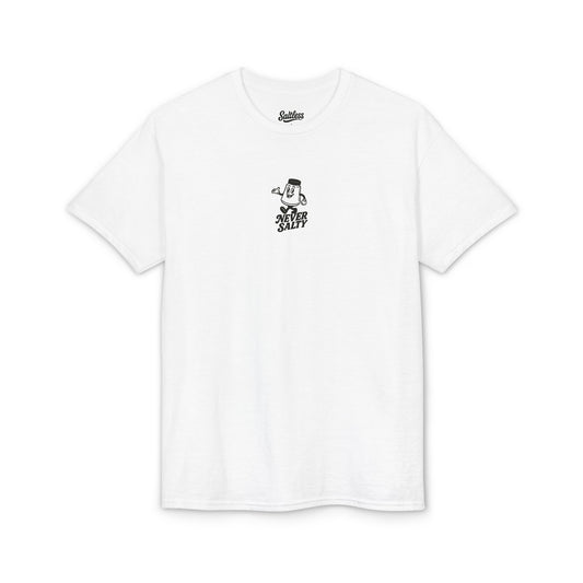 White t-shirt with a black graphic and text on a white background